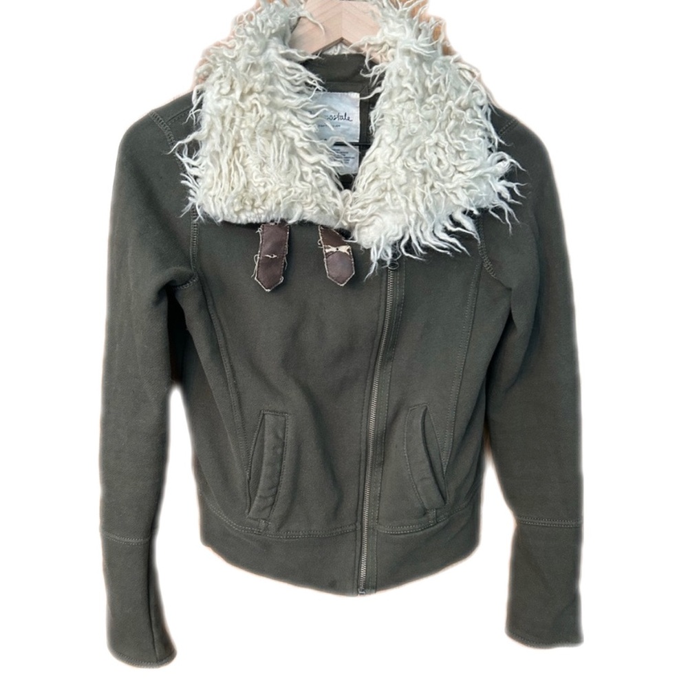 Aeropostale jacket 87 Moto jacket olive green Sherpa faux fur size Small zipper